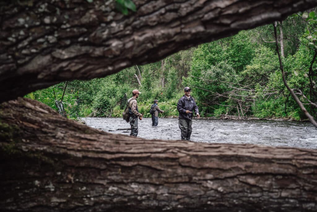 Fishing in Kenai River with lush green trees in the background, viewed through a tree trunk frame.