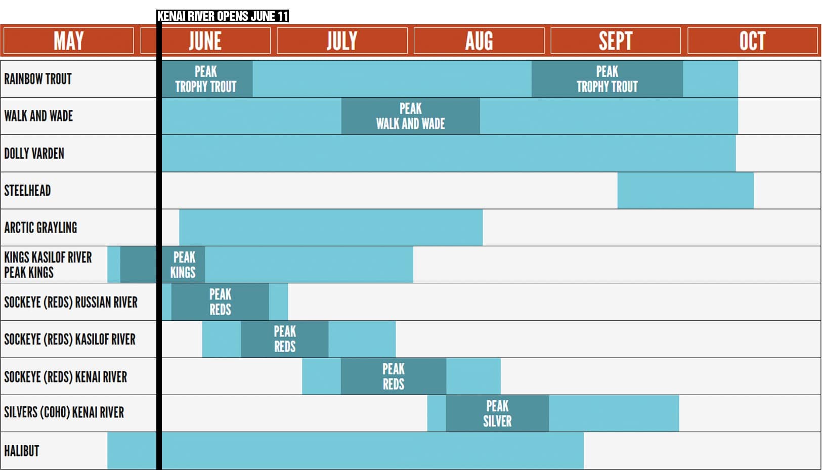 Colorful fishing calendar chart for Kenai River, highlighting peak months for different fish species.