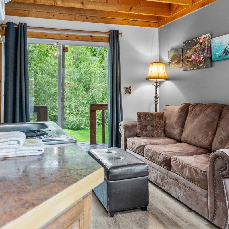 Cozy living area with a brown sofa, artwork, and a sliding glass door leading to lush greenery outside.