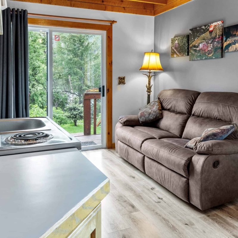 Cozy living room inside Kenai River Drifters Lodge with a brown sofa, lamp, and a view of lush greenery through a sliding door.