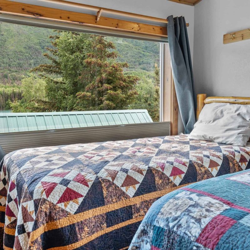Cozy lodge room with a view of lush green trees and mountain landscape outside the window.