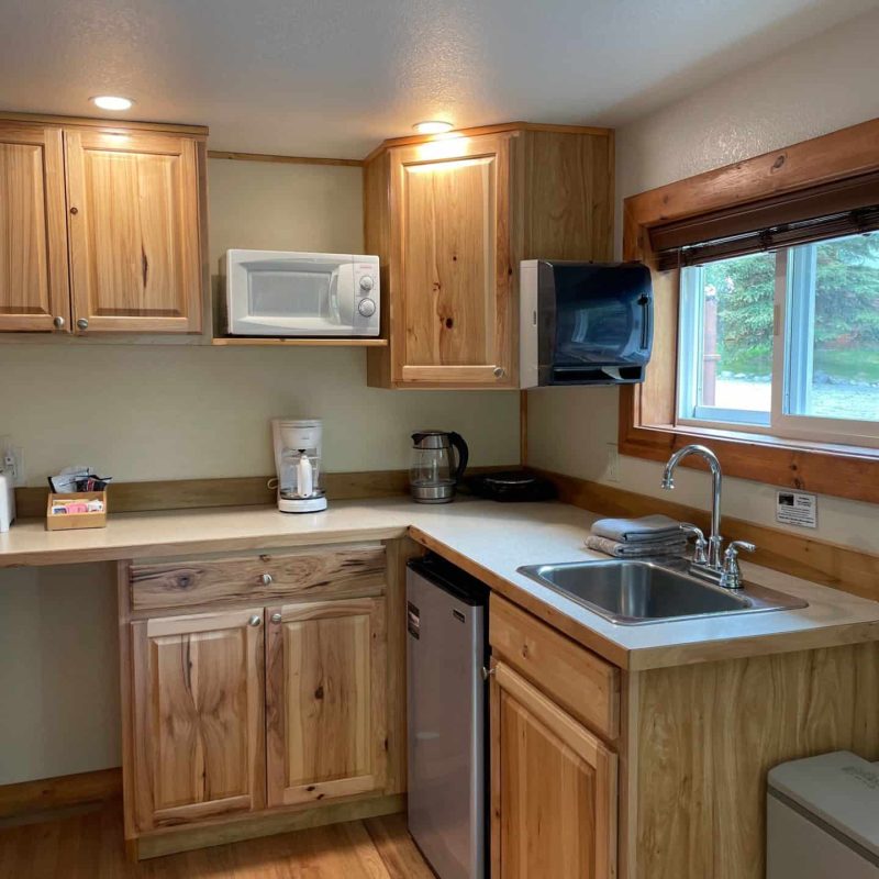 Cozy kitchen with wooden cabinets, small appliances, and a window with a view of greenery.