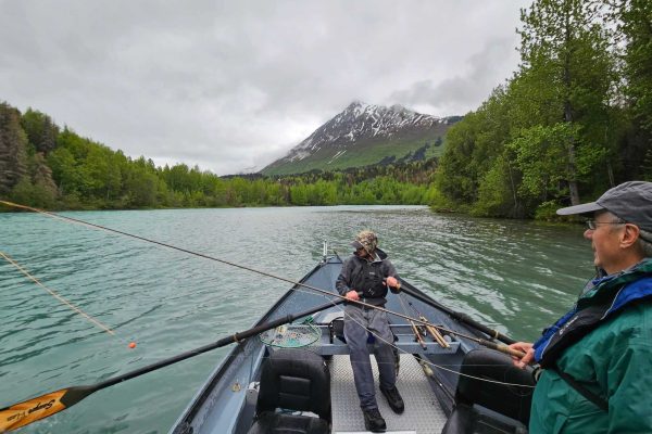 Fishing in a scenic Alaskan river surrounded by lush green trees and snow-capped mountains.